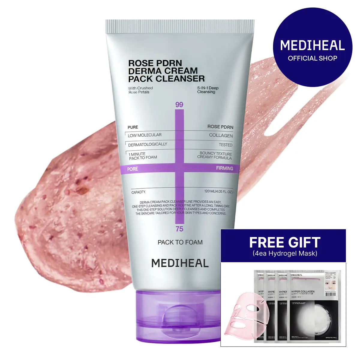 [MEDIHEAL] Derma Cream Pack Cleanser Rose PDRN (Pore Firming) | 5-in-1 Hybrid 1-Minute Mask & Daily Cleanser | Real Rose Petals for Blackhead & Pore Purifying | Hydrating Non-Stripping Formula | Korean Skincare