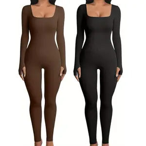 2pcs women’s bodysuits solid color ribbed knit long sleeve square neck slim fit jumpsuit bodysuit sports yoga wear women’s stretchy slim fit bodysuit seamless tummy control bodysuit girls pink brand hoodie long sleeve crewneck sweatshirt shirt