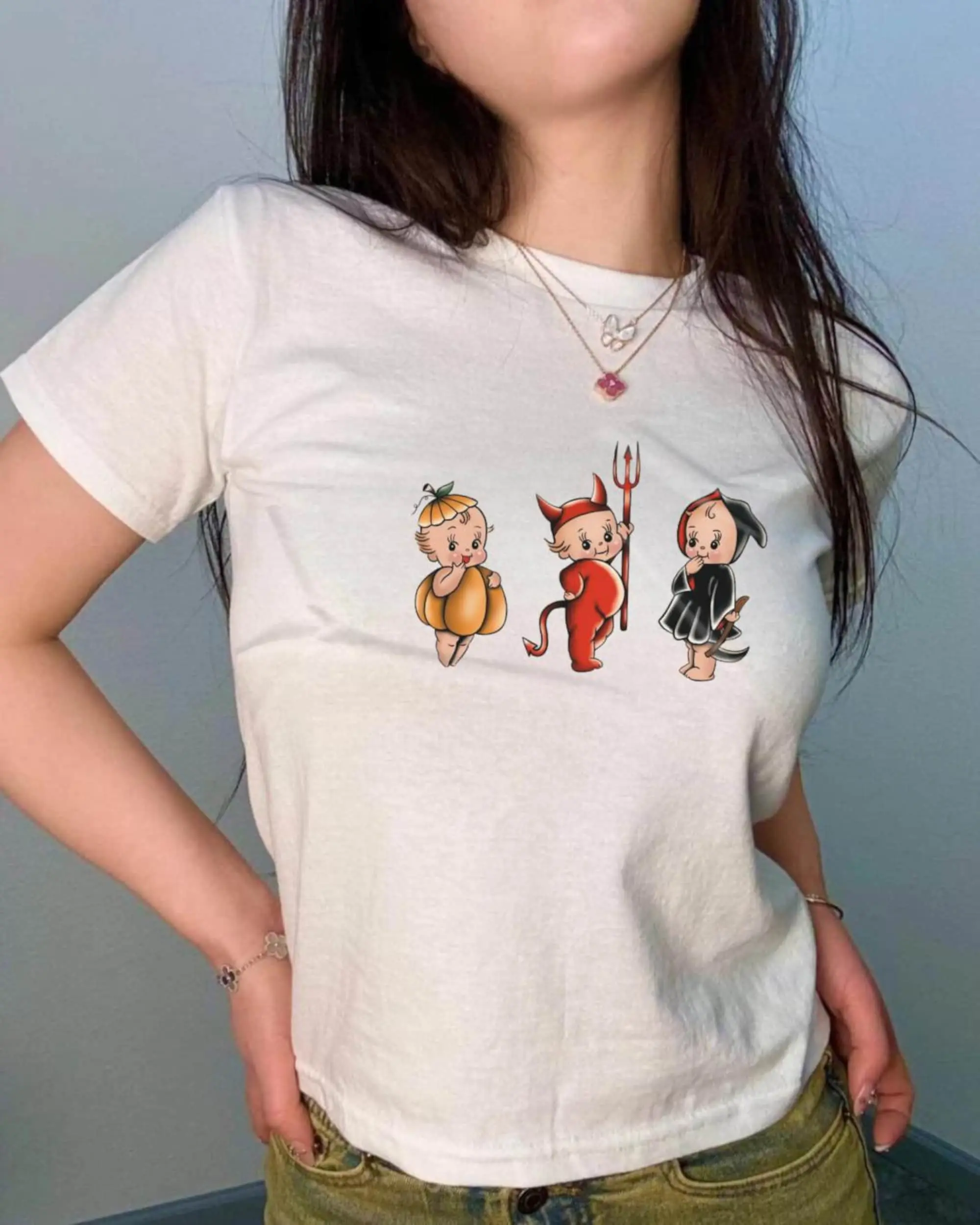 Kewpie Halloween Baby Tee, Y2K Vintage Retro Top, Trending 90S Tee, Spooky Halloween Shirt, Cute Aesthetic Women'S Tee, Babydoll Clothing