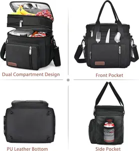 VYRZA Expandable Insulated Lunch Box, 15L Black Double Layer Leak-Proof Oxford EVA Adult Cooler Tote Bag with Adjustable Shoulder Strap for Work, Camping