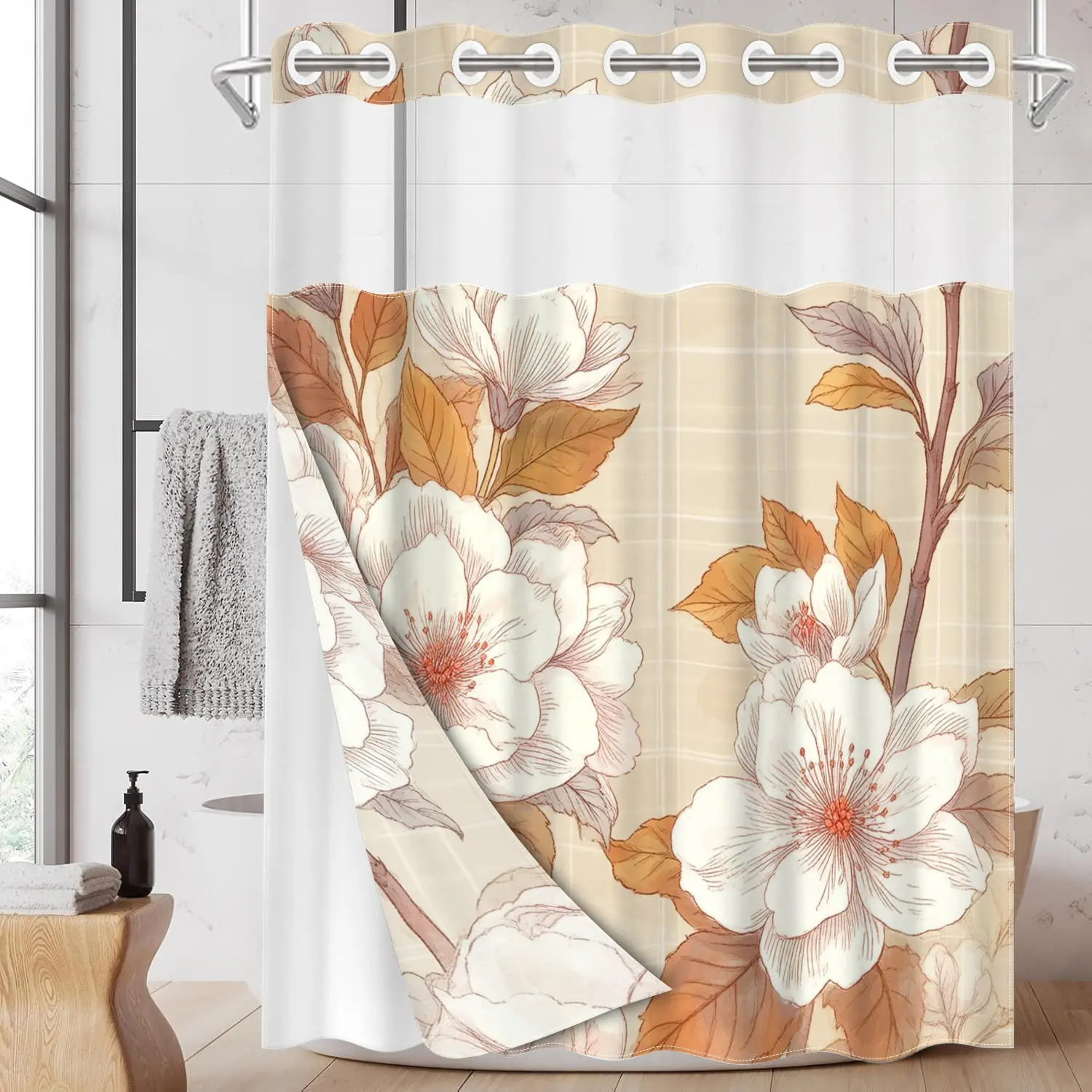 1pc 2D Flat Printing hookless shower curtain liner White Flowers, Floral Shower Curtains For Bathroom, Fabric waterproof lining with transparent window, double-layer, Aesthetic Shower Curtain, 71 x 74 inches, home decoration