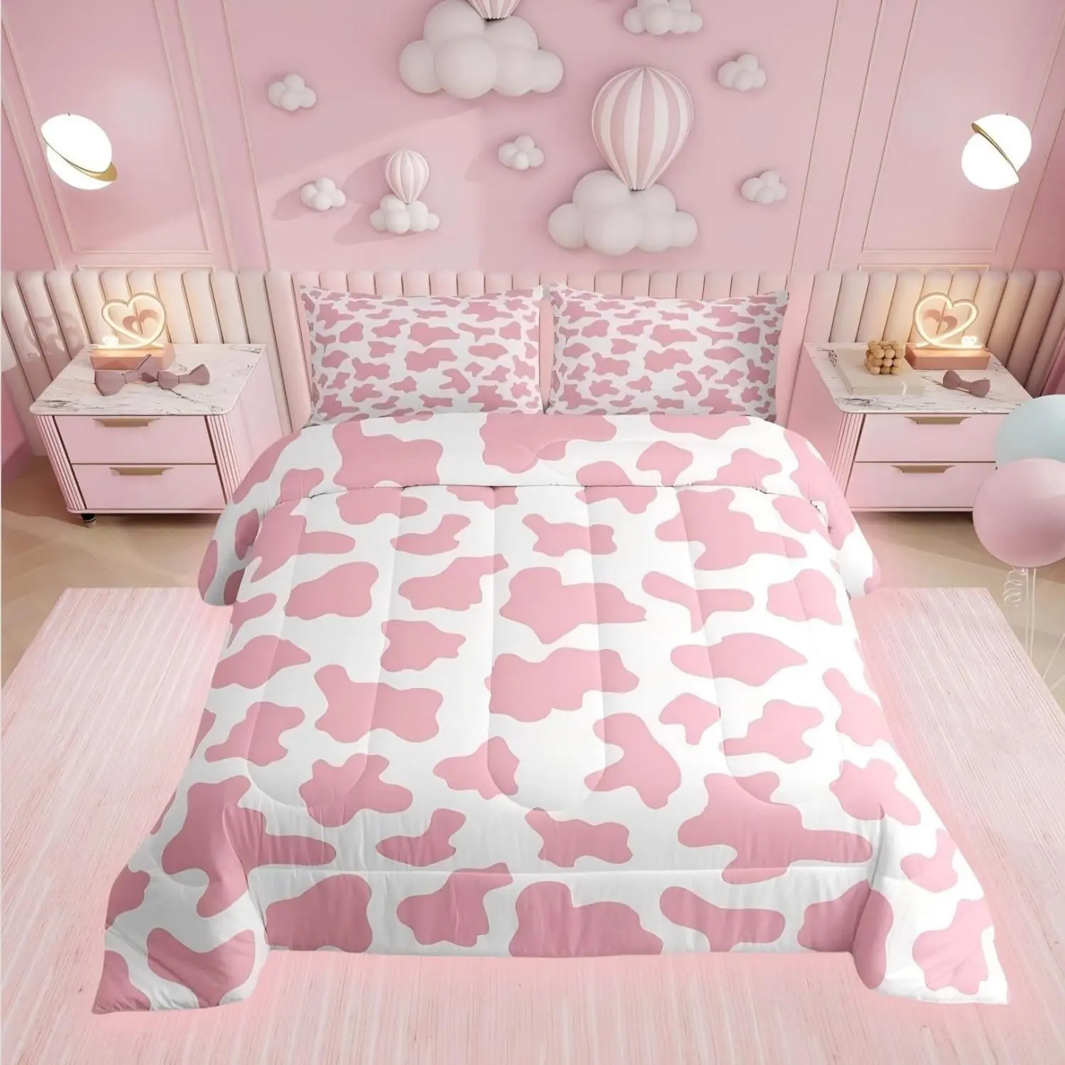 Feelyou Kid Cartoon Bedding Set - Pink Cow Print Quilted Duvet Insert, Farmhouse Milk Cow Design, Soft Lightweight Kid Bedroom Blanket, Kid Blanket