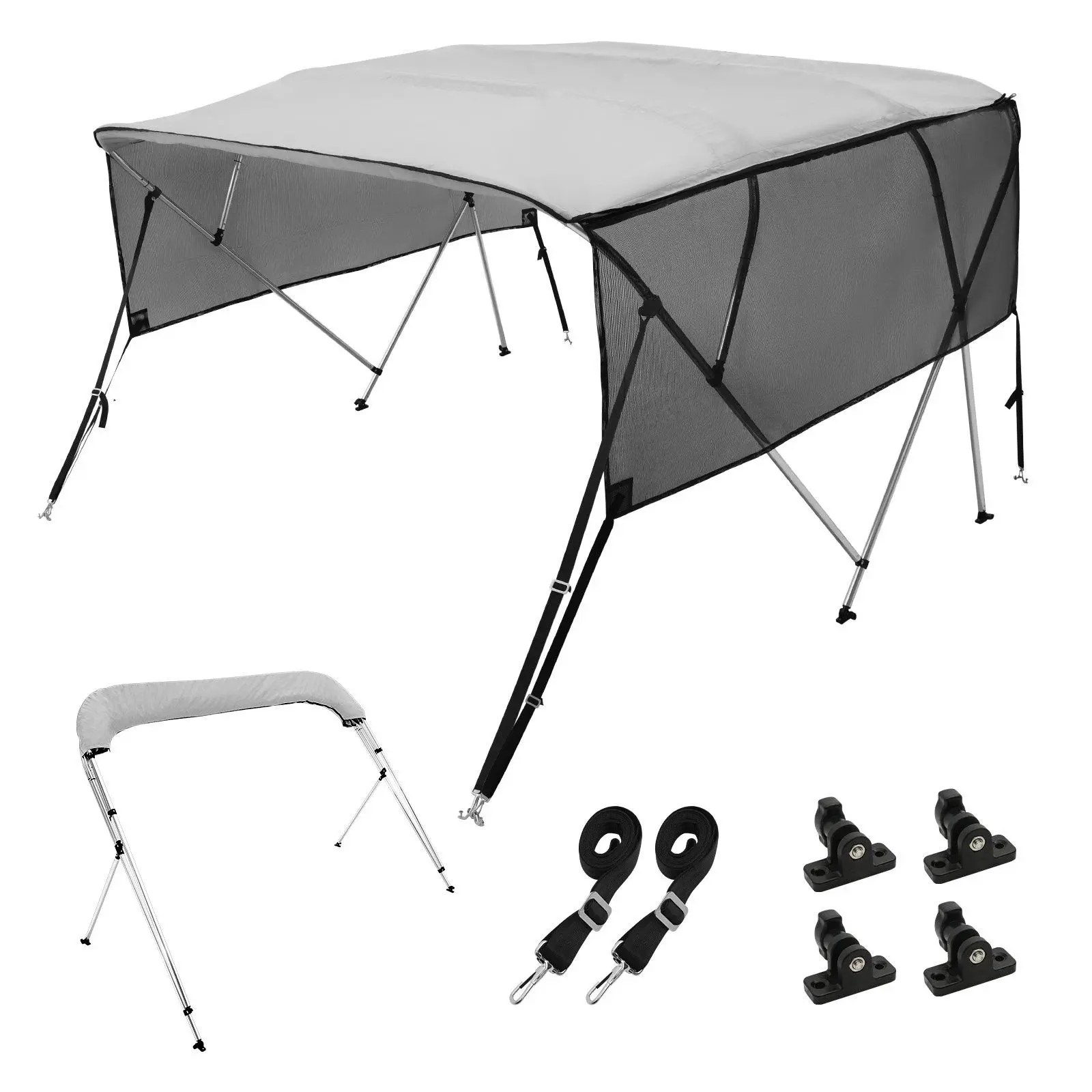 【BackToSchool】VEVOR 4-Bow Bimini Top Boat Cover, Light Grey 600D Polyester Canopy with 1" Aluminum Alloy Frame, Detachable Mesh Sidewalls, Storage Boot, 2 Straps, 2 Support Poles, 8'L x 54"H x 79"-84"W, Boating Accessories, Father's Day Gift, Boat Accesso