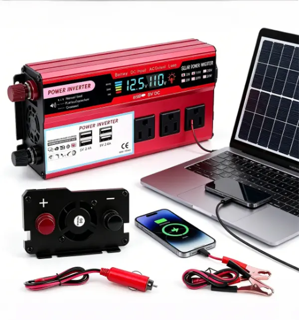 1500W Output 12V DC Auto Power Inverter, Compact Car/SUV Converter with Dual AC Outlets, USB Charging Hub, Digital Display for Camping/Travel