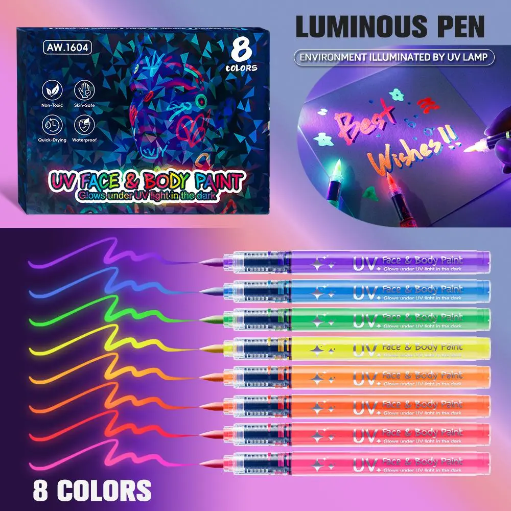 8-Color UV Glow Face & Body Paint Pens Super Bright Neon Glow Under Blacklight Hypoallergenic Skin-Safe Fast-Drying Waterproof Smudge-Proof for Party Rave Club Makeup DIY Craft Cosplay Props