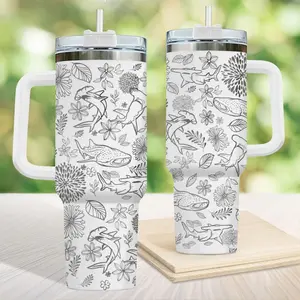 Shark Floral Line Art Tumbler Skinny & 40oz, Minimal Ocean Animal Cup, Hand Drawn Nature Design, Aesthetic Gift for Sea Lovers