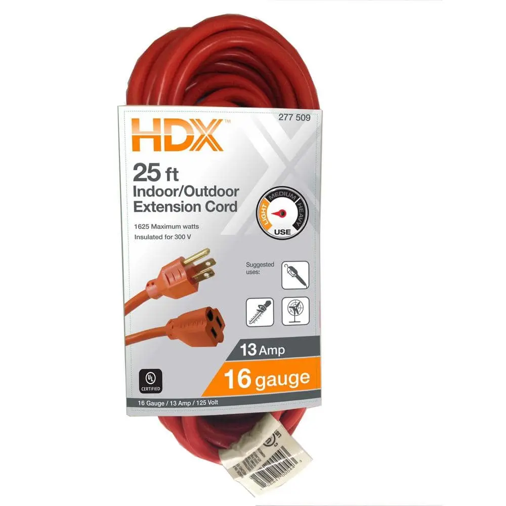 Polypropylene 16-Gauge 25 ft 3-Prong Plug Light Duty Extension Cord, Orange, 125V 13A Electrical Cord, UL Listed for Both Indoor and Outdoor Use