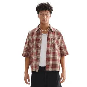 Inflation 100% cotton Men's Oversized Plaid Button Up Shirt Cropped Length Casual Streetwear Summer Top
