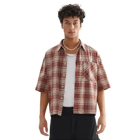 inflation Men's 100% Cotton Preppy Oversized Fitted Classic Plaid Short-Sleeve Collared Button-Front Cropped Shirt, Lightweight Casual Summer Streetwear Top