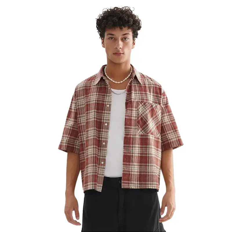 inflation Men's 100% Cotton Preppy Oversized Fitted Classic Plaid Short-Sleeve Collared Button-Front Cropped Shirt, Lightweight Casual Summer Streetwear Top