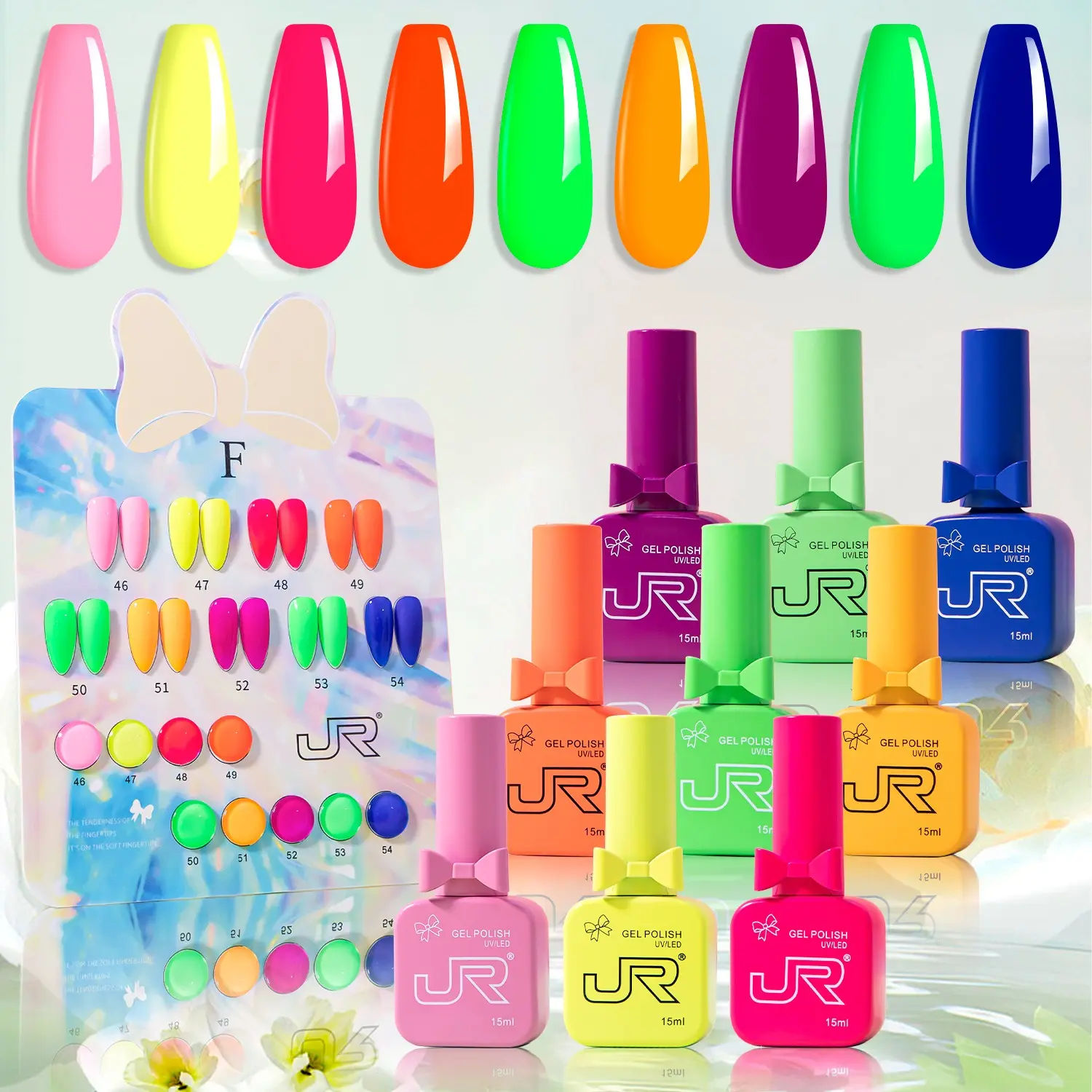 JR 15ml Novice suit 9pcs Neon Gel Nail Polish Set - Red Pink Nude Blue Orange Color Bright Fluorescent Colors for Party, Nail Polish Private Label UV Gel Semi Cured Long Lasting Soak off Gel Polish top coat Vibrant Neon Shades for beginners women Manicure