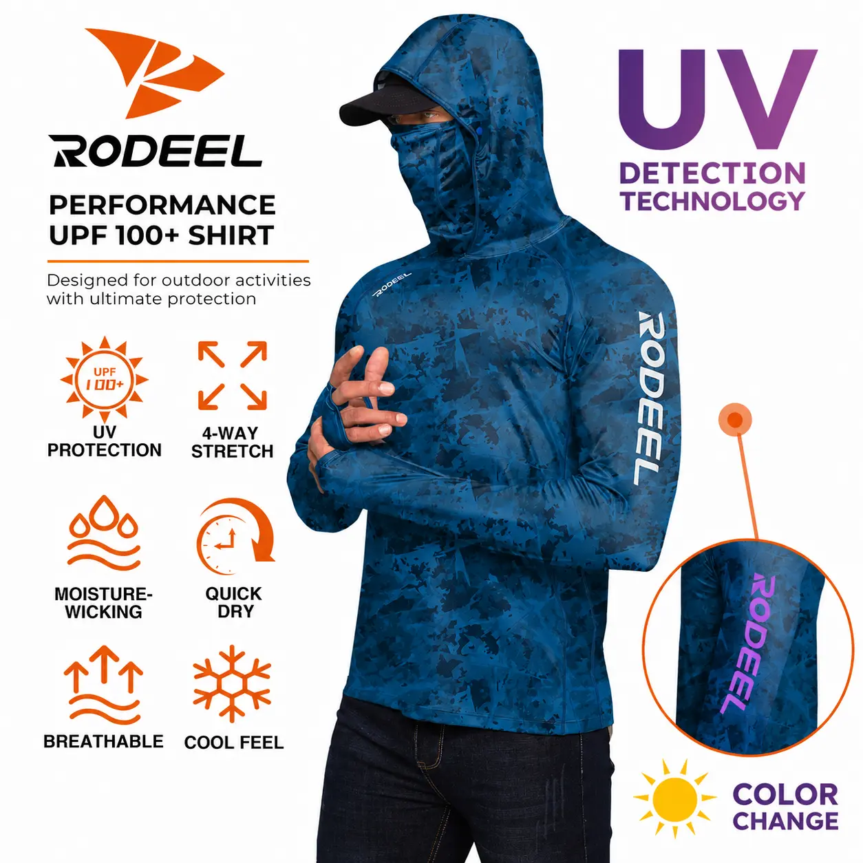 【RODEEL】934 Sun Hoodie Shirts w/ UV Detection Logo Mask Neck Gaiter Thumbhole Men UPF 100+ Sun Protection Long Sleeve Lightweight Quick Dry Moisture Wicking Breathable Athletic Activewear for Outdoor Fishing Boating Roofing SummerWins