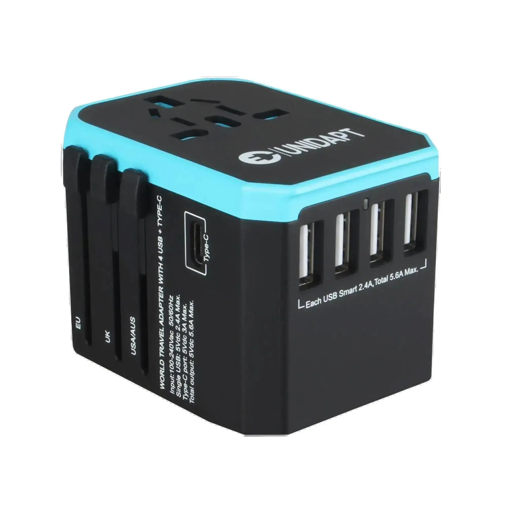 Unidapt Universal Travel Power Adapter Plug - 5 Ports (4 USB-A, 1 USB-C) Multi-Device Charging Accessory for Mobile, Digital Devices, Worldwide Travel Gifts