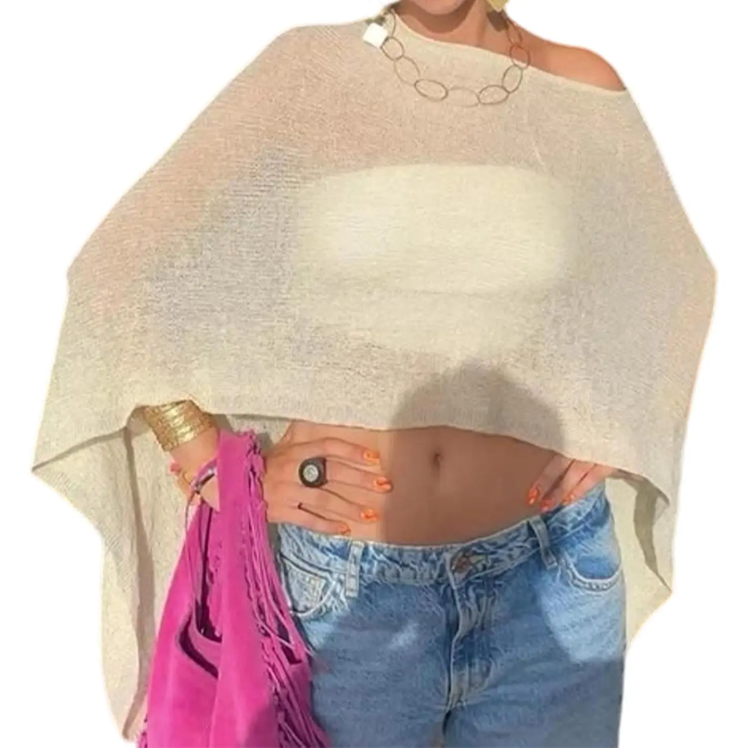 Women's Poncho Bolero Sweater Cover Up - Lightweight Knit Crochet Batwing Sleeve, Breathable Mesh Sheer Fabric, Casual Swimwear Beach Cover Up, 1size