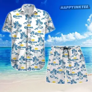Corona Extra Hawaiian Shirt Shorts Set Men Women Tropical Palm Tree Beer Lover Beach Outfit Summer Vacation Pool Party Aloha Button Down Matching Set