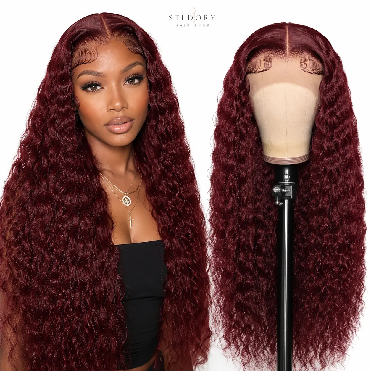STLDORY 99J Burgundy Deep Wave 13×4 HD Lace Front Wig Human Hair 22-30 Inch Pre Plucked Natural Hairline Curly Wig for Women Daily Wear Glueless Look