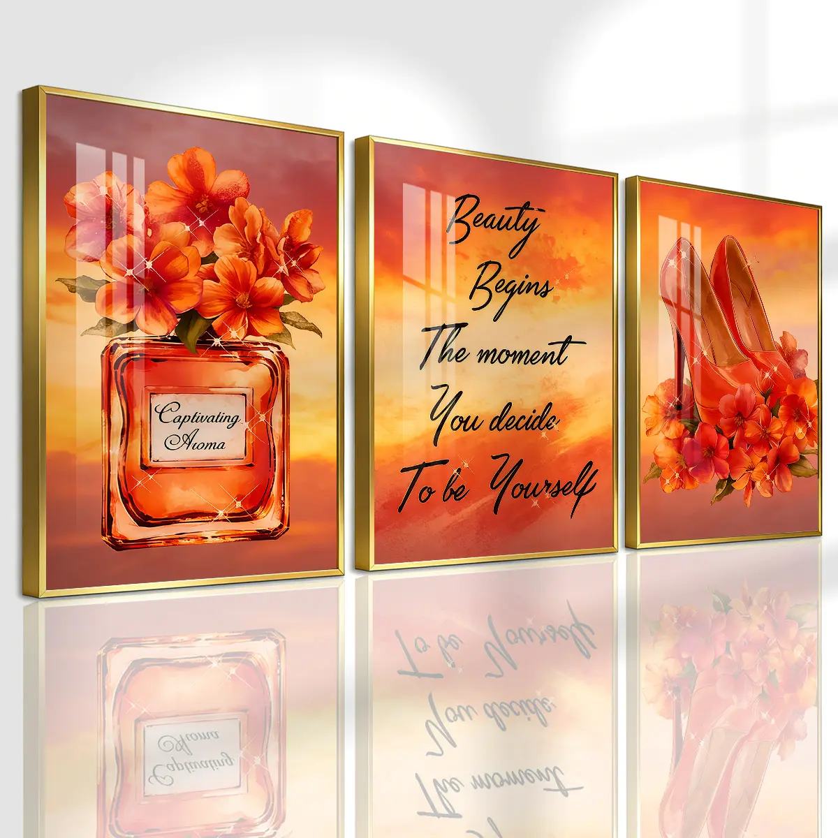 3 Count Aluminum Alloy Frame Canvas, Fashion Poster Orange Flower Perfume And High Heels, Modern Living Room Decoration, Light Luxury Family Art, Suitable For Bedroom, Corridor And Office Wall Decor, Gift