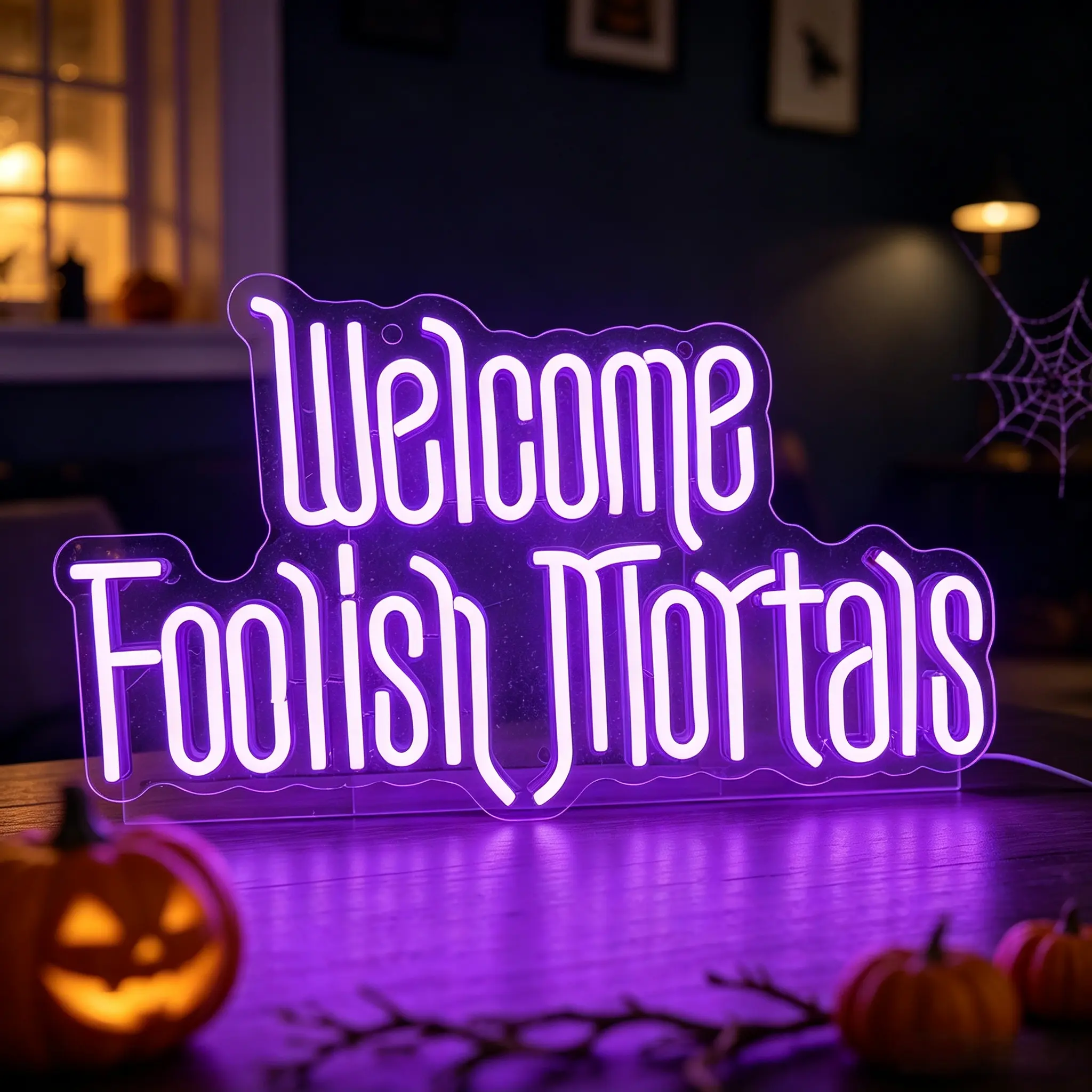 Welcome Foolish Mortals Handmade Silicone LED Neon Sign - 24.8 in Hanging Chain, USB-Powered LED Lights, Premium Acrylic Backboard, Brightly Colored Adjustable Noiseless Easy-Install Wall Mounted Home Decoration Plaque, Halloween Gift for Gothic Lovers, H