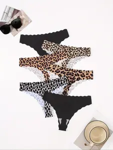 Women's 6pcs Leopard Print Scallop Trim Panty, Soft Comfy Breathable Seamless Nylon Knicker for Daily Wear, Lady Underwear for All Seasons, Fall Wear, Fallfreshness 2025, Womenswear, Lingerie