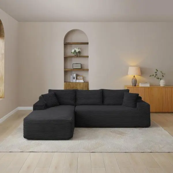 Boneless Cloud Compression Modular Sectional Sofa, Corduroy L-Shaped Chaise No-Assembly Couch-in-a-Box Sleeper, High-Density Foam Deep Seating Sofa for Living Room, Bedroom & Small Apartment