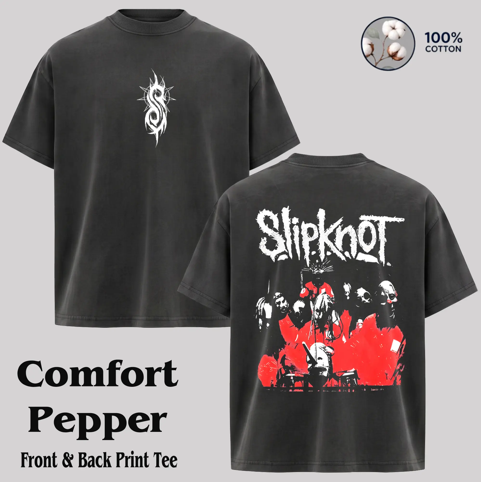 Men's Short-Sleeve Cotton Classic Graphic Vintage 2009 Slipknot Washed Tee & Hoodie - Casual Fitted Round Neck Menswear Metal Band Rock Tour Merch, Alternative Grunge Aesthetic Top