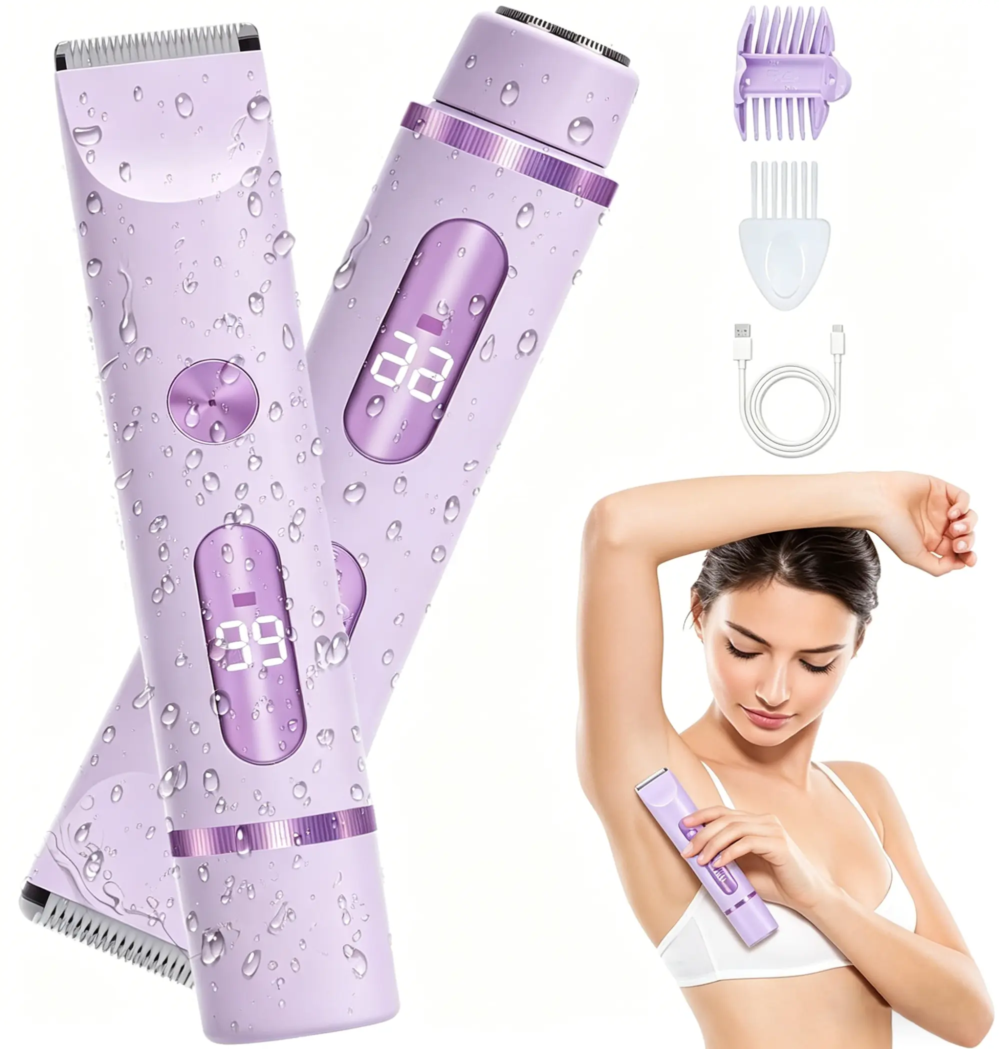 2-in-1 Electric Razors Bikini Trimmer for Women with Painless Ceramic Blades Waterproof Rechargeable Dual Head Electric Shaver for Pubic Legs Underarm Face Hairs Body