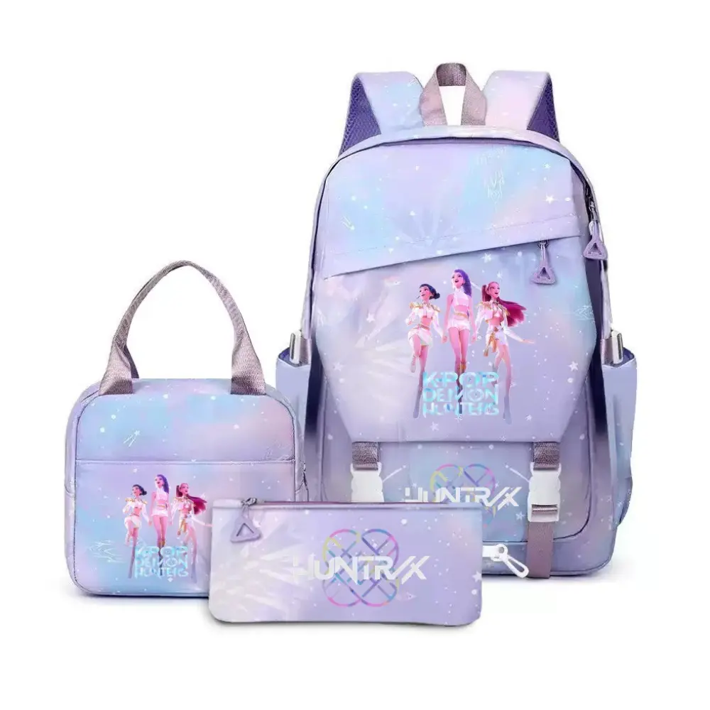 3Pcs Pastel Lavender Star Gradient KPOP Demon Hunt Cartoon Backpack Set for Teen Girls Women, Large Capacity Water Resistant Campus School Backpack, Lightweight Casual Daypack with Insulated Thermal Lunch Bag & Matching Printed Pencil Pouch for School