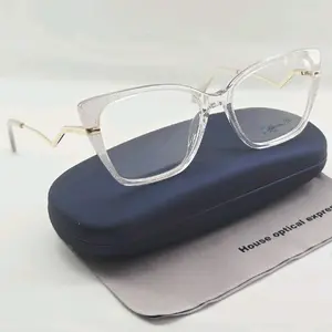 House Optical Express Clear Frame Glasses with Gold Accents and Blue Case