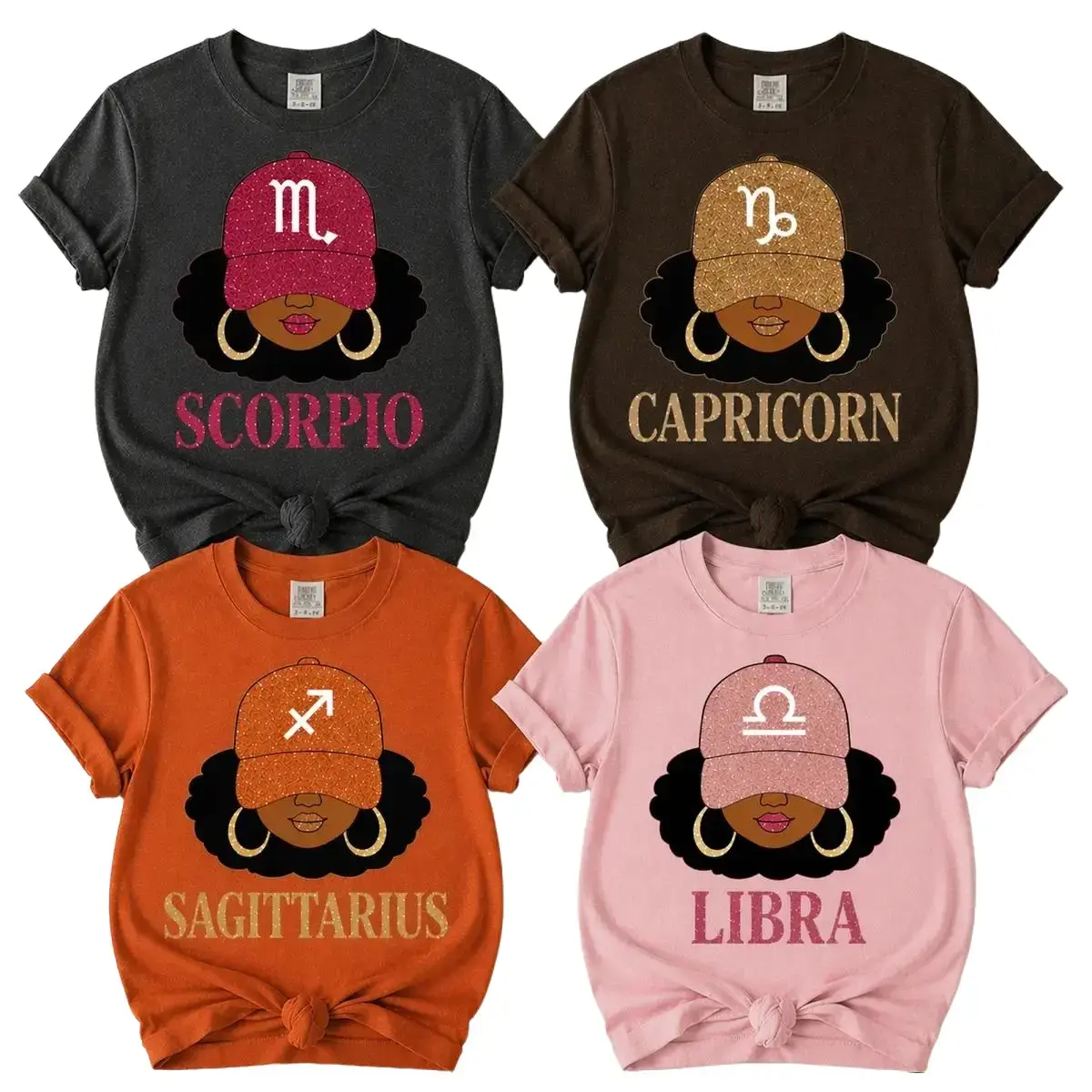 Women's Short Sleeve Casual Cotton Printed Zodiac Sign Crew Neck T-Shirt - 12 Sign Collection, Glitter Astrology Hat Graphic, Bold Letter Design, Black Full Horoscope Unisex Gift by TrendWear USA