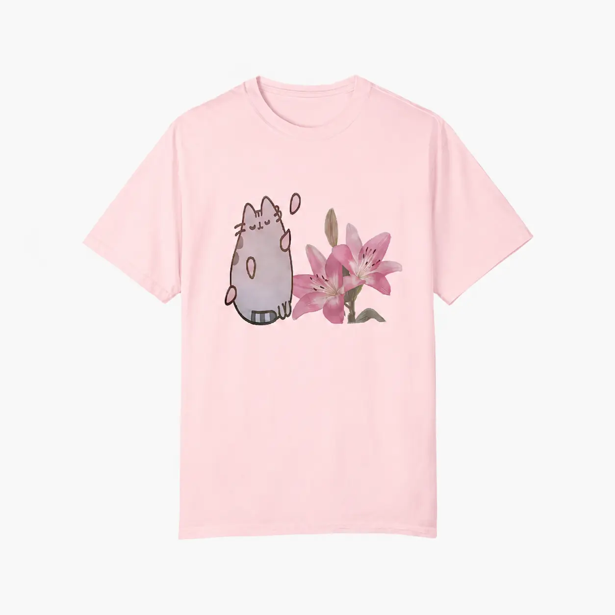 Pusheen Lily Flower T-Shirt, Cute Cartoon Cat Graphic Tee, Kawaii Floral Shirt, Funny Y2K Summer Tee, Pastel Aesthetic Cat Lover Gift