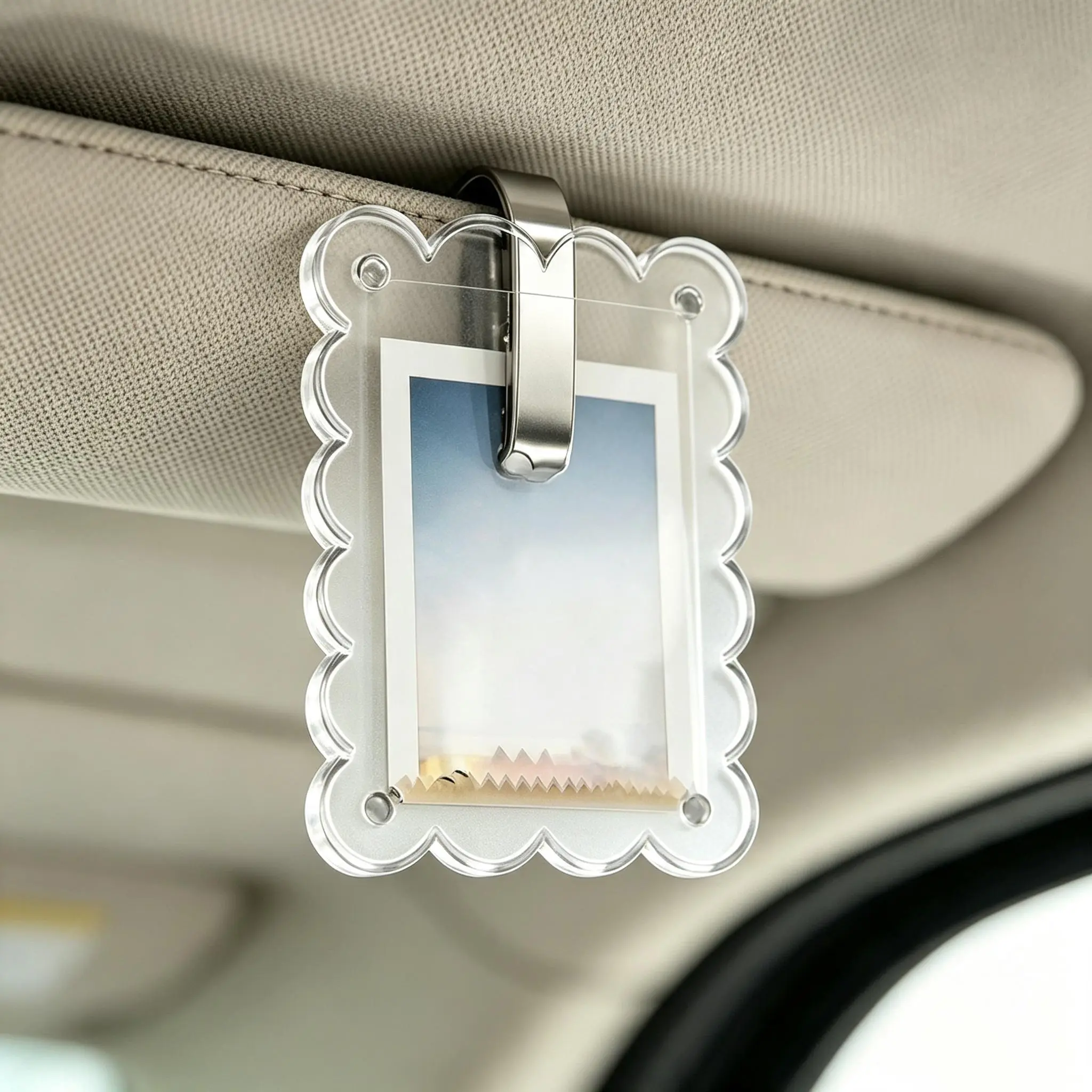2 Pack Car Sun Visor Photo Clip, Clear Acrylic Magnetic Picture Frame 2 Styles Rectangle & Scalloped Wavy Edge, Self-Adhesive Peel Film Ready To Use Car Interior Memory Display Holder,Suitable for Adding Family, Personal or Pets Photos