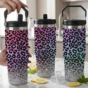 Leopard Print Skinny Tumbler with Lid and Straw - Pink Purple Blue Ombre Glitter Insulated Cup, Stainless Steel Travel Mug for Women, Cheetah Print Coffee Tumbler, Aesthetic Birthday Gifts for Her
