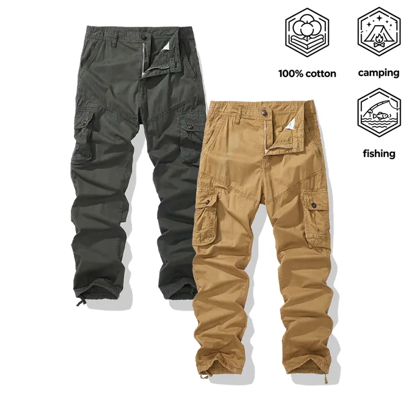 2 Pack Men's 100% Cotton Cargo Pants Multi Cargo Pockets Drawstring Ankle Cuffs for Camping Fishing Outdoor Work Casual Wear zipper autumn father ideal comfortable aesthetic fatigue men durable military activity breathable all-season unique fashion