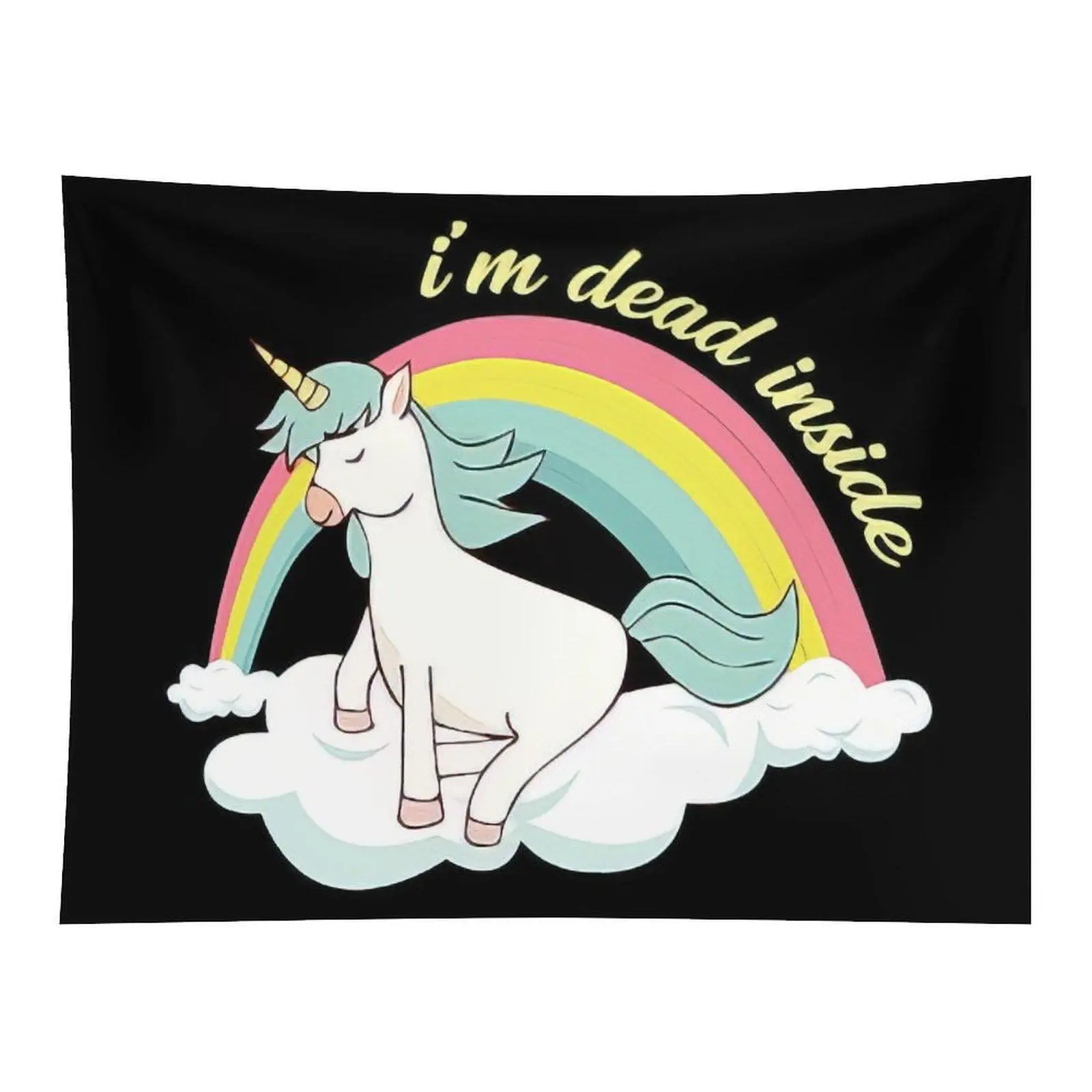 Fabric Tapestry Wall Decor - Whimsical Home Decor, Rectangular, Black Background, Funny Unicorn Rainbow On Cloud With "I'm Dead Inside" Quote Humorous Cartoon Wall Hanging