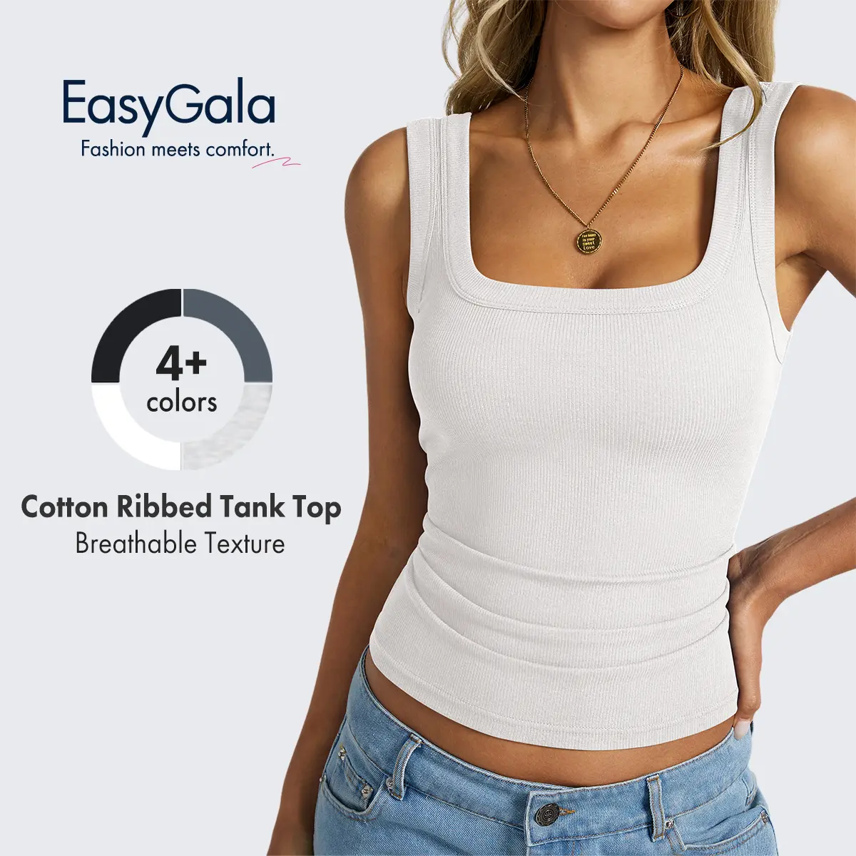 EASYGALA Women's Ribbed Knit Tank Top, Square Neck Cotton Sleeveless Shirt with Wide Straps, Lightweight Hip Length for Summer Holiday, White Tank Top,back to school,back to school shopping, Tops, Crop Tops