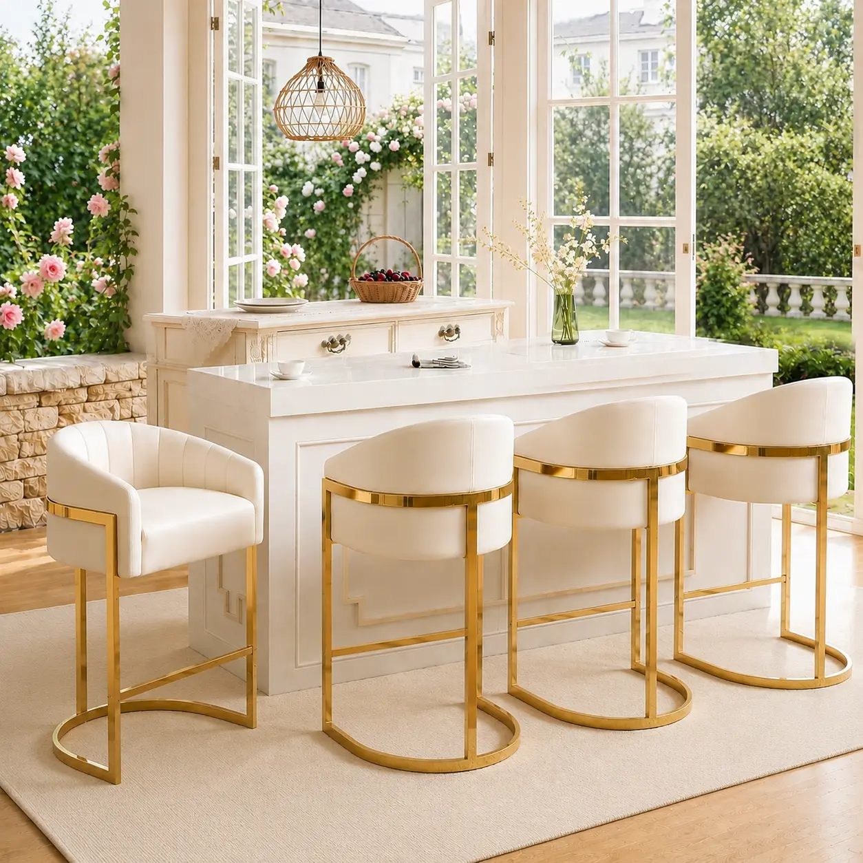 Gold Upholstered Bar Chair Set of 2/4, Modern 27" H Counter Height Bar Stools with Barrel Backrest and Arms, Velvet Bar Stools for Kitchen Island sillas  barra