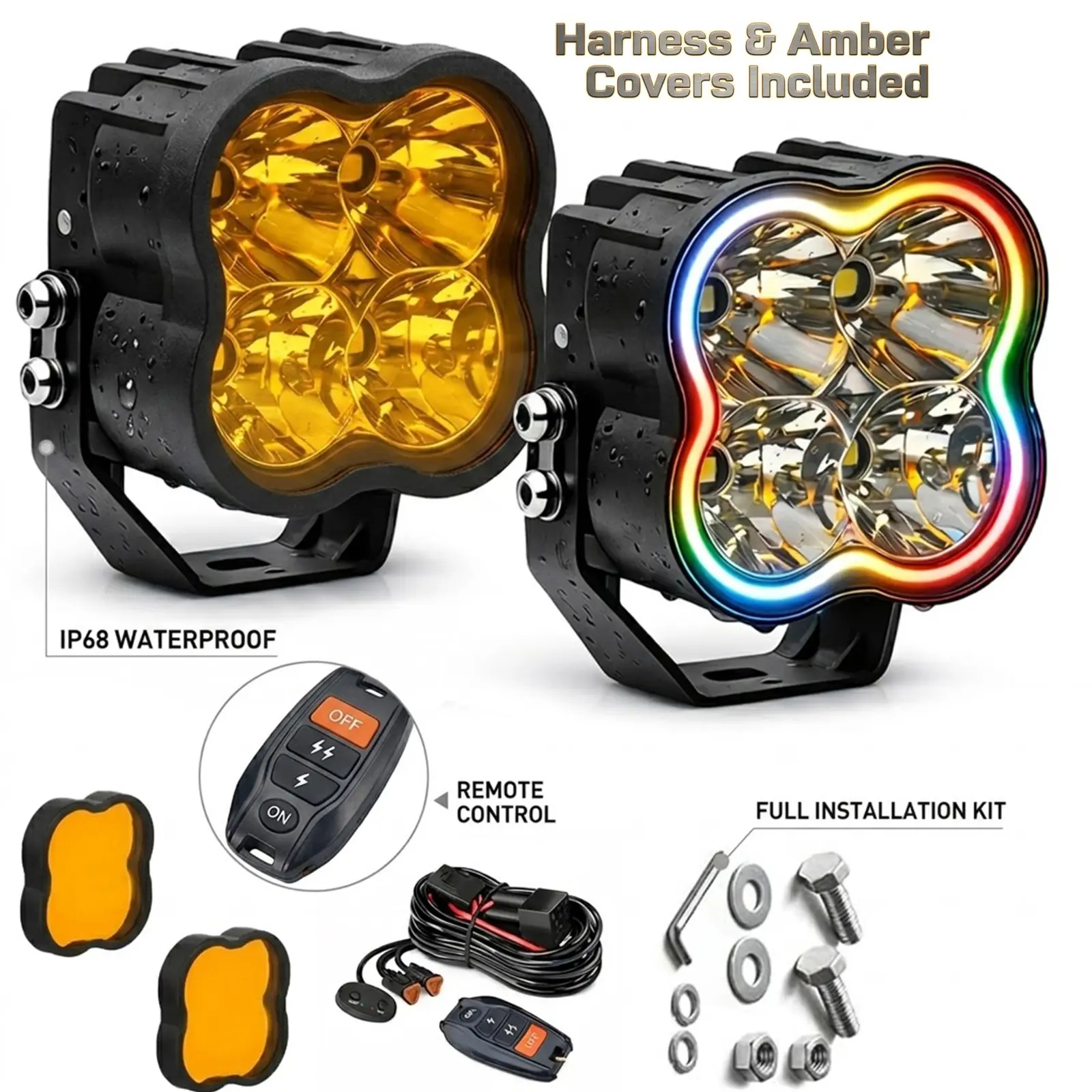 BLUEMOTOR Quadra Series 4-in RGBW White & Amber 5-Color Gradient DRL LED Pod Lights (2-Pieces) - 205W 15000LM Combo Beam LED Headlight Kit, IP68 Rainproof Aluminum Offroad Lights, Wireless Kit for Jeep