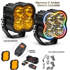 BLUEMOTOR Quadra Series 4 Inch RGB 5-Color DRL LED Pod Lights With Gradient Mode IP68 Waterproof Offroad Jeep Truck SUV 200W 15000LM Combo Beam LED Work Light