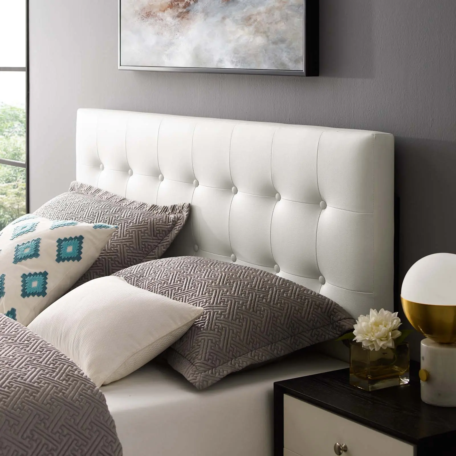 Modway Emily King-Size Stylish Faux Leather Upholstered Headboard - Fiberboard Core, White, for Modern Bedroom, Indoor Use, Contemporary Bedrooms