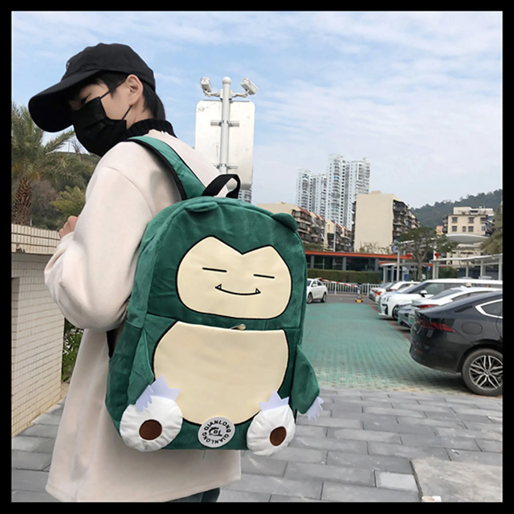 Kawaii Snorlax Plush Backpack - Soft Velvet Cartoon Anime Rucksack with Zipper & Breathable Mesh, Large Capacity Unisex Green Monster Bag for Teens' Daily Use & Travel