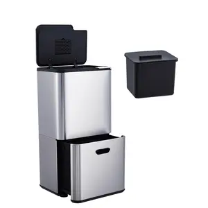 Dual Compartment Kitchen Trash Can with Compost Caddy, 16 Gallon Stainless Steel Trash Recycling Bin Combo with Removable Buckets, Odor Control and Fingerprint Proof 3-in-1 Waste Sorting System for Kitchen Pantry Office