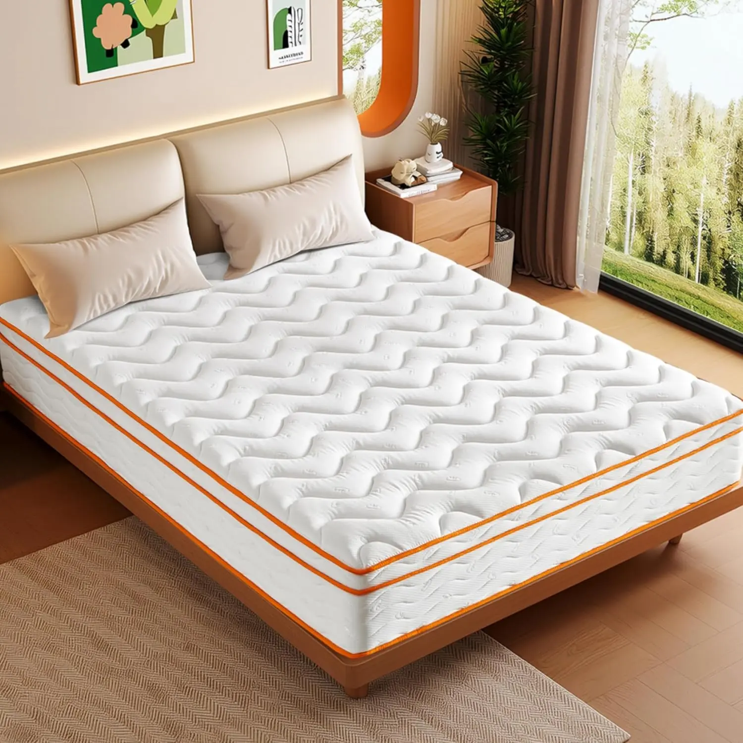 Mattress Twin/Full/Queen/King/Twin XL Size 10 Inch  Mattresses Hybrid Innerspring Mattress in a Box With Certipur-US Certified Foam Spring Mattress with Motion Isolation & Pressure Relief, Medium Firm, Milk White, Premium Memory Foam, Queen Mattresses