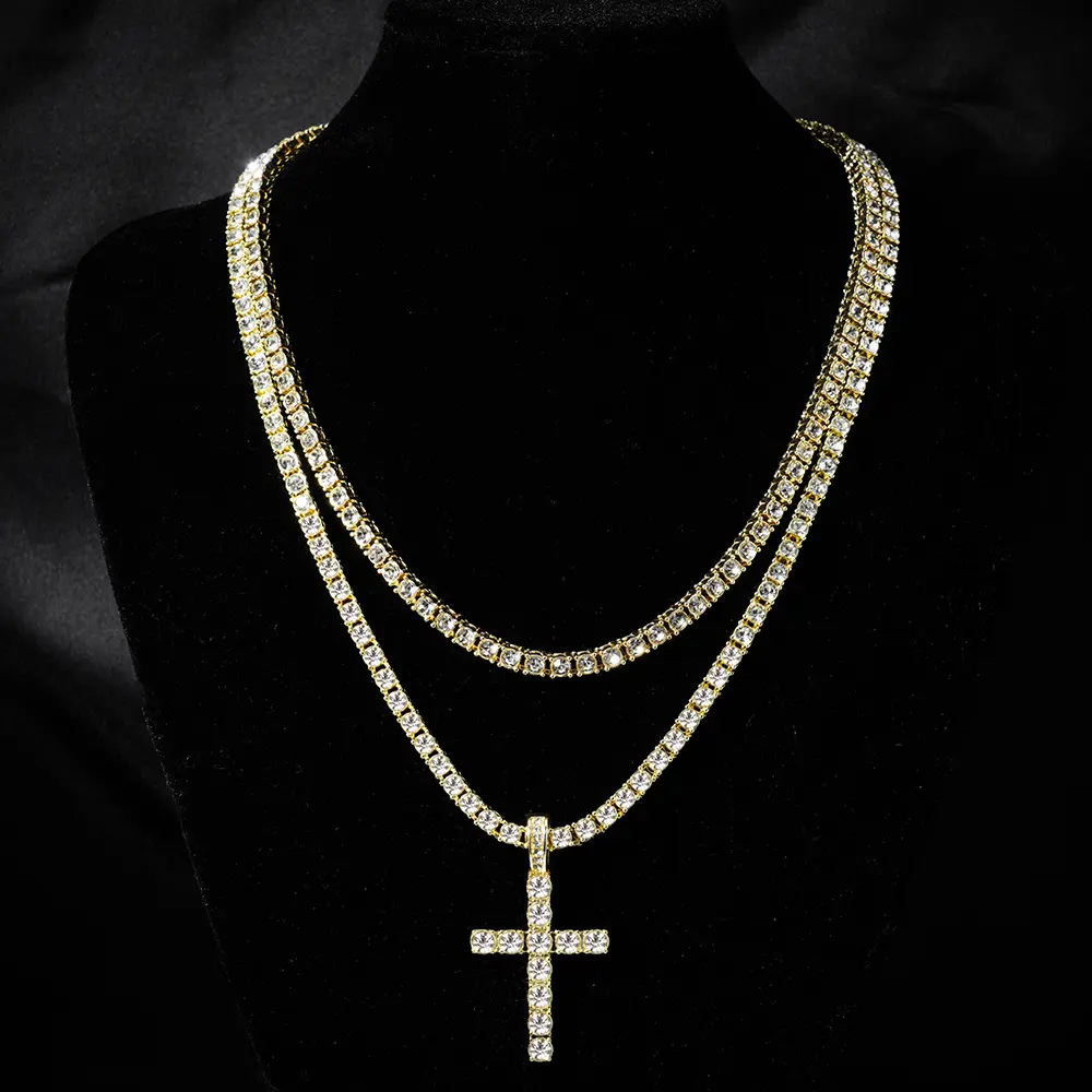 Zinc alloy rhinestone cross pendant necklace 4mm single row diamond tennis chain