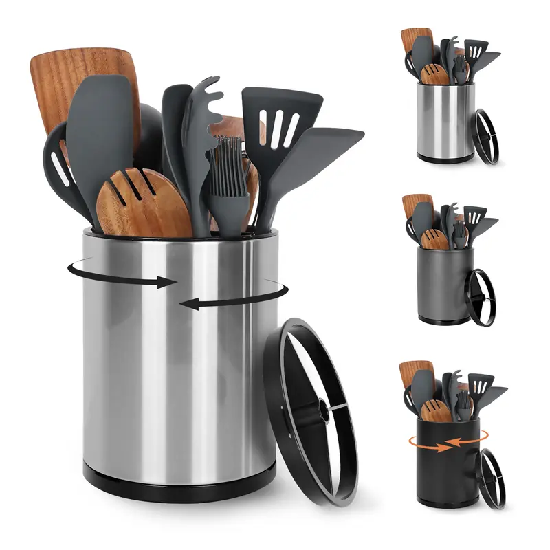 Durable Stainless Steel Cooking Utensil Holder with Cover - 3-Compartment Sort, 360° Tool Rotation, Anti-Fingerprint, High-Capacity Tabletop Storage, 6.25" L x 6.25" W x 8" H, Removable Base for Kitchen Accessories (Silvery)