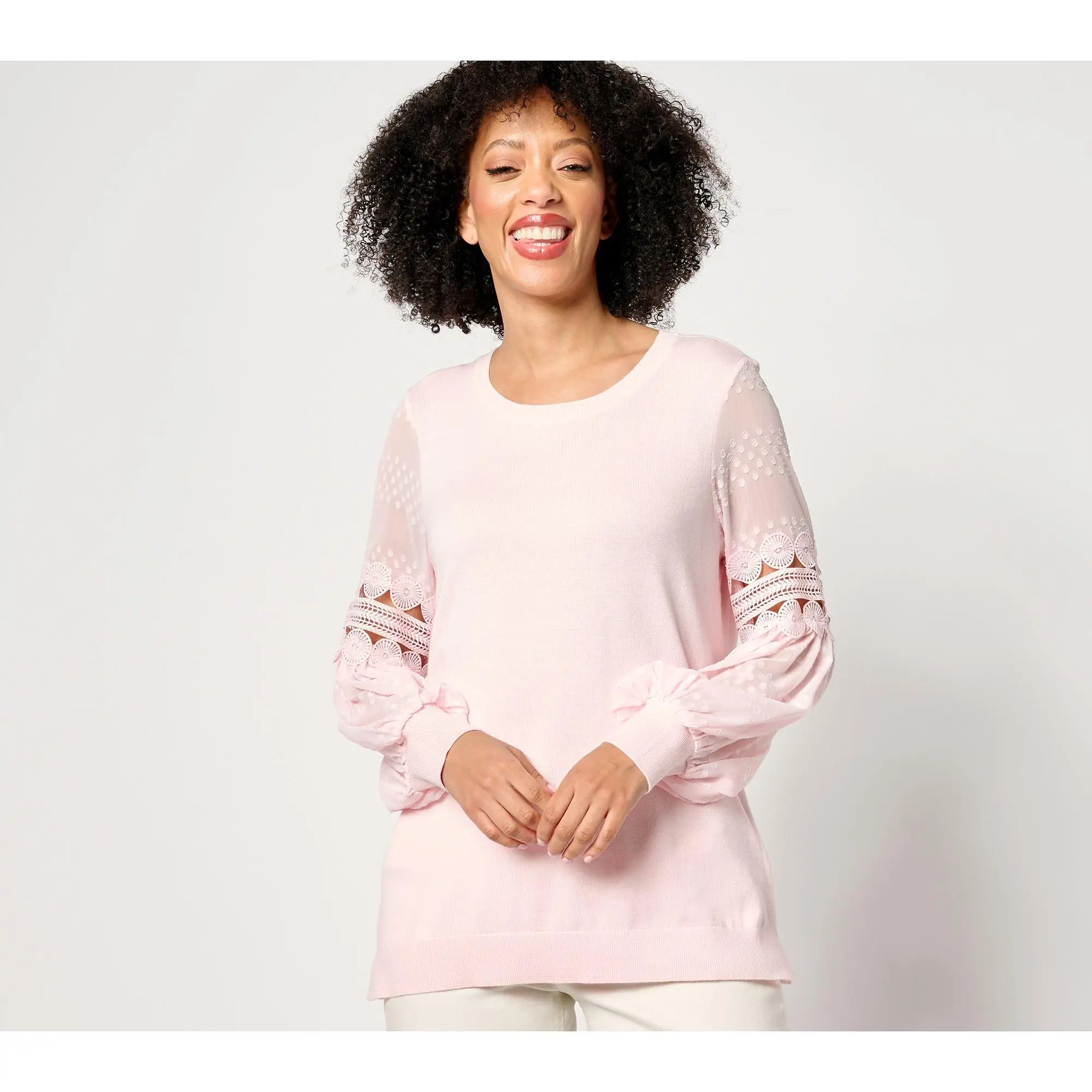 QVC Belle by Kim Gravel Women's Graceful Lace, Blouson Sleeve Knit Sweater