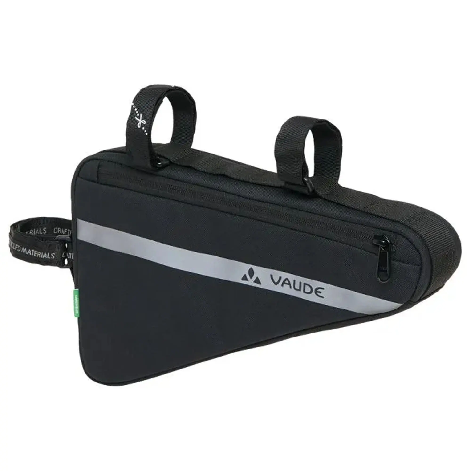 Vaude Triangular Frame Bike Bag - Black, 1.7L Sustainable Materials Cycling Accessory, 3 Hook & Loop Straps, Reflective Print, Slim Outer Zipper Pocket, Small Interior Mesh Pocket, Stores Bike Tools & Equipment, Energy Bars, Mini Pump
