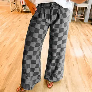 Dark Grey Women's Checkered Denim Wide Leg Jeans, High Waist Button Fly Pocketed Loose Fit Trousers, Trendy Retro Checkerboard Jeans for Daily Wear, Vacation, Street Style & Casual Outings