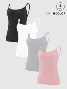 4pcs Women Solid Backless Camisole Tank Sleeveless Sheer Design Non-Slip No Padding Lightweight for Yoga Running Gym