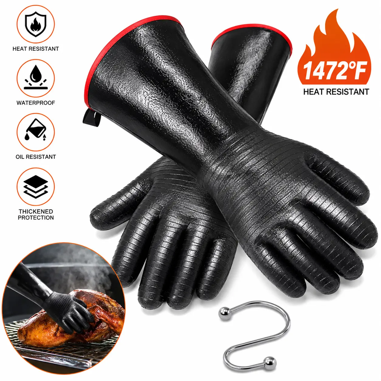 BBQ Gloves - 1472°F Thicken Heat Resistant Gloves w/S-Hook 14 in Kitchen Oven Mitts Waterproof Grill Gloves Oil Resistant Grilling Gloves Cooking Gloves for Turkey Fryer/Baking/Oven/Smoker