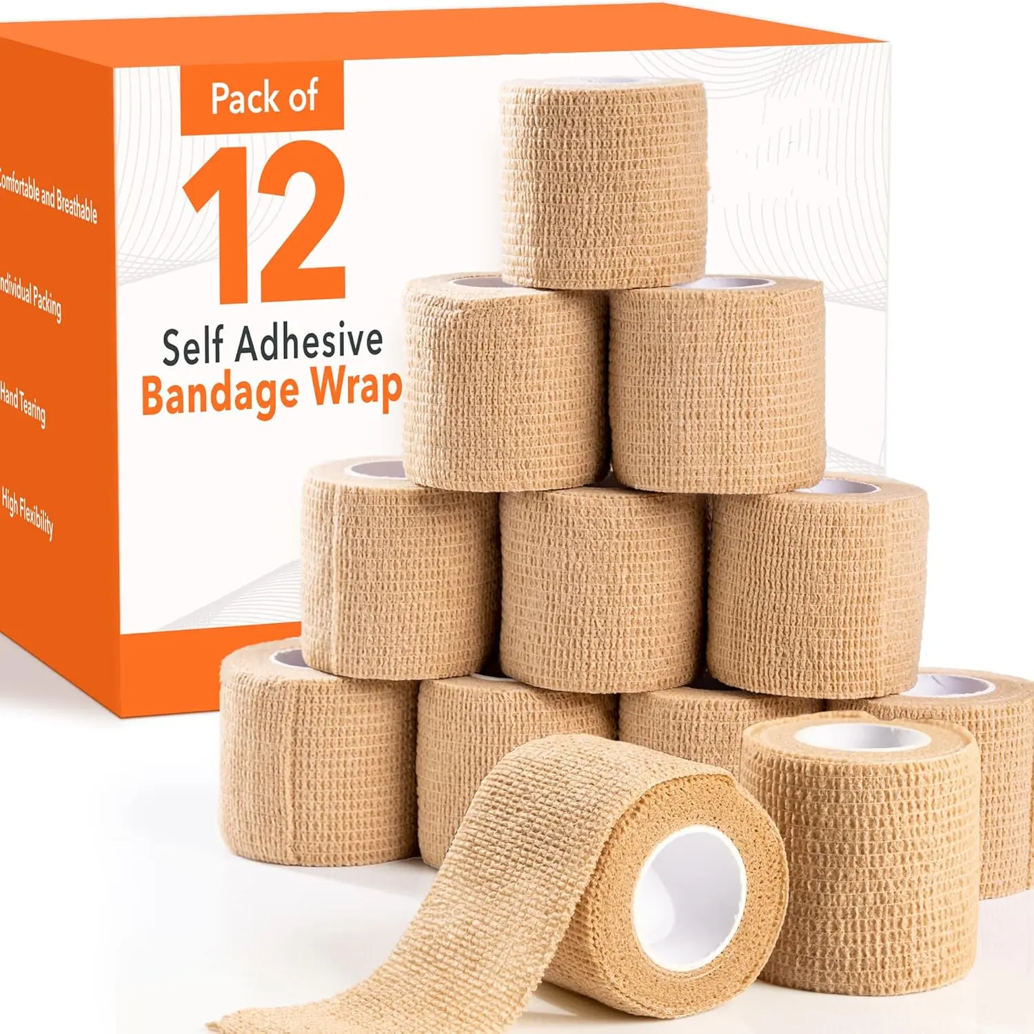 12-Roll Pack Unisex Medical-Grade Elastic Adhesive Bandages, Football Accessories, Secure Equipment Support, Versatile Support for Ankle, Wrist, Knee, Elbow, Finger